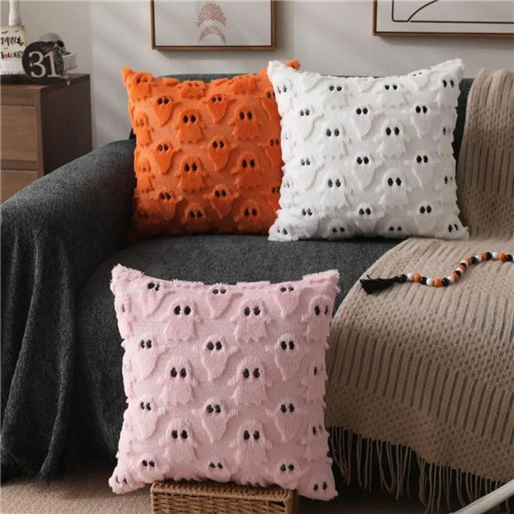 Set of 2 Halloween Ghost Pillow Covers - 18x18 Inch Soft Plush‎ Faux Fur Cushion